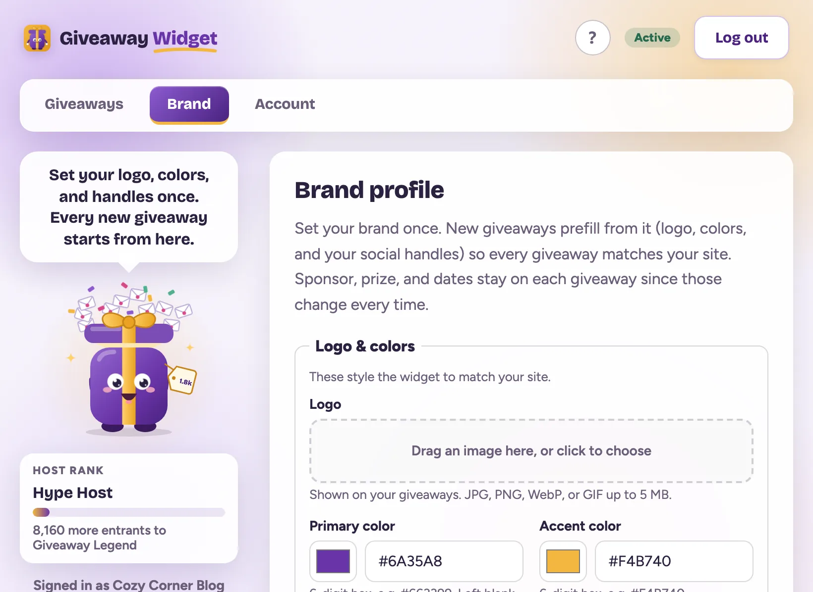 The Brand profile form: a logo drop zone and the primary and accent color swatches, with Gus in the left panel saying every new giveaway starts from here