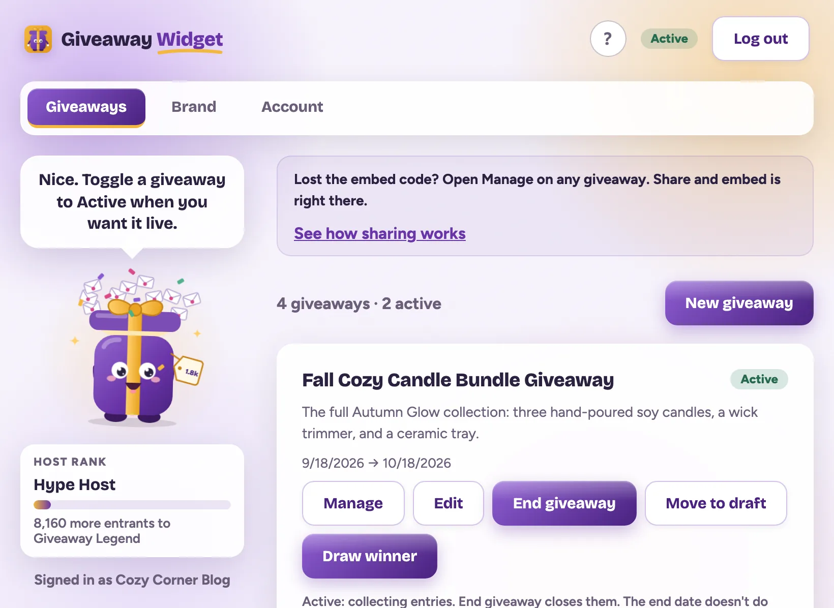 The Giveaways section of the dashboard: Gus the gift box in the left panel with a speech bubble and a Hype Host rank card, a daily tip, and a giveaway card marked Active with Manage, Edit, End giveaway and Draw winner buttons