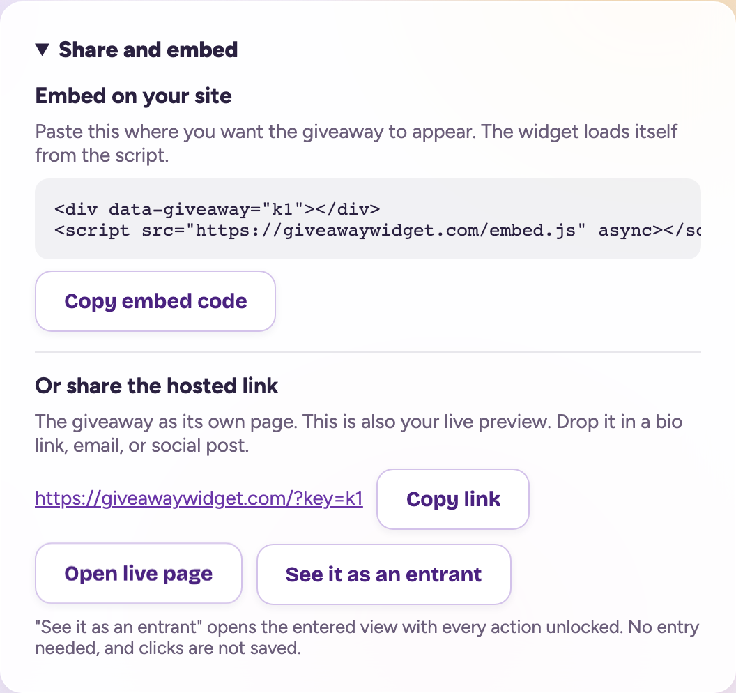 The Share and embed panel: the two-line embed code with a Copy embed code button, then the hosted link with Copy link, Open live page and See it as an entrant buttons